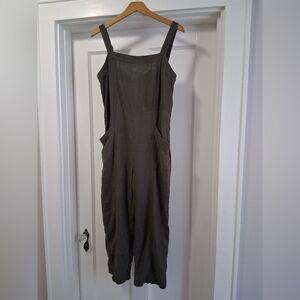 Nicole Miller Linen Jumpsuit Overalls Oversized Relaxed Crop Leg Olive Size 8
